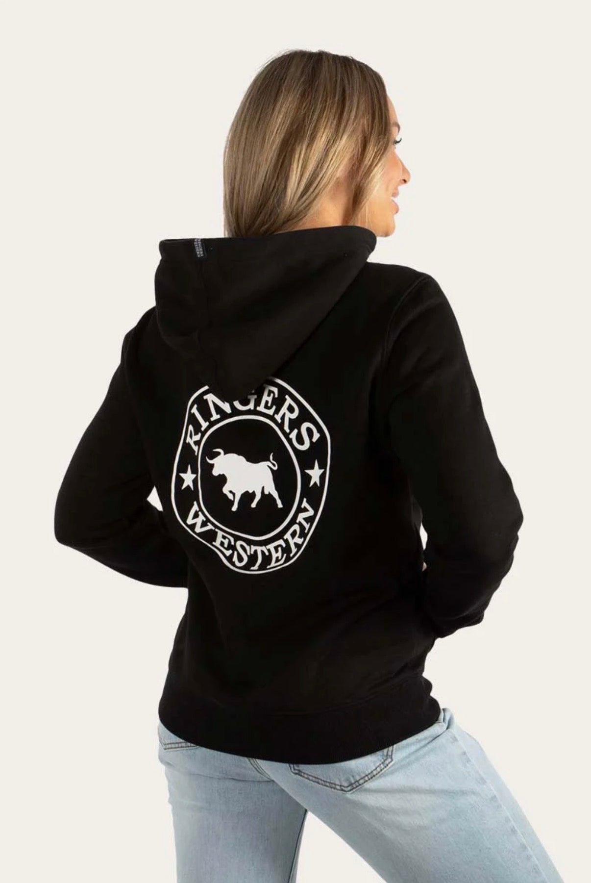 Signature Bull Womens Pullover Hoodie - Black with White Print