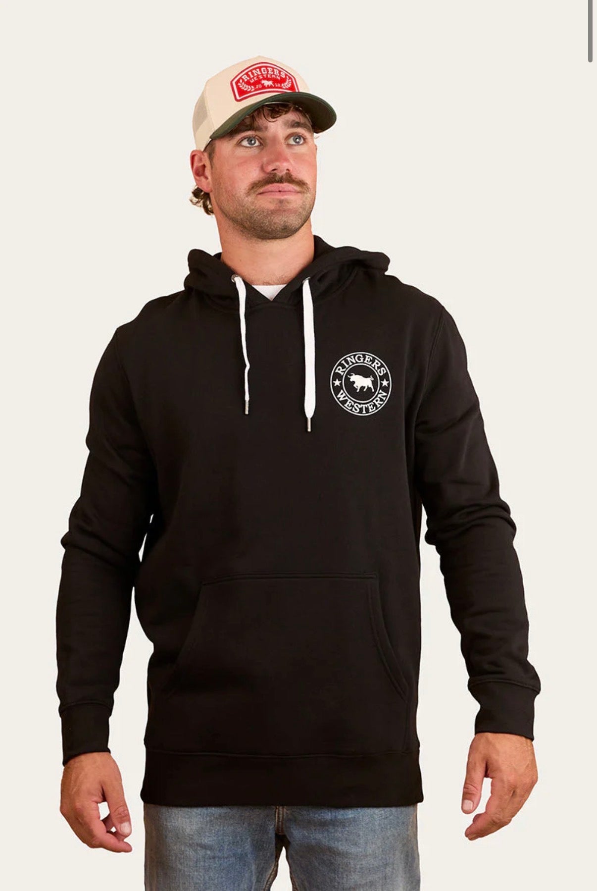 Signature Bull Mens Pullover Hoodie - Black with White Print
