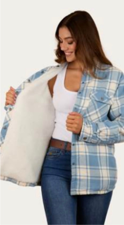 Sadie Women's Sherpa Flannel - Faded Denim/Off White