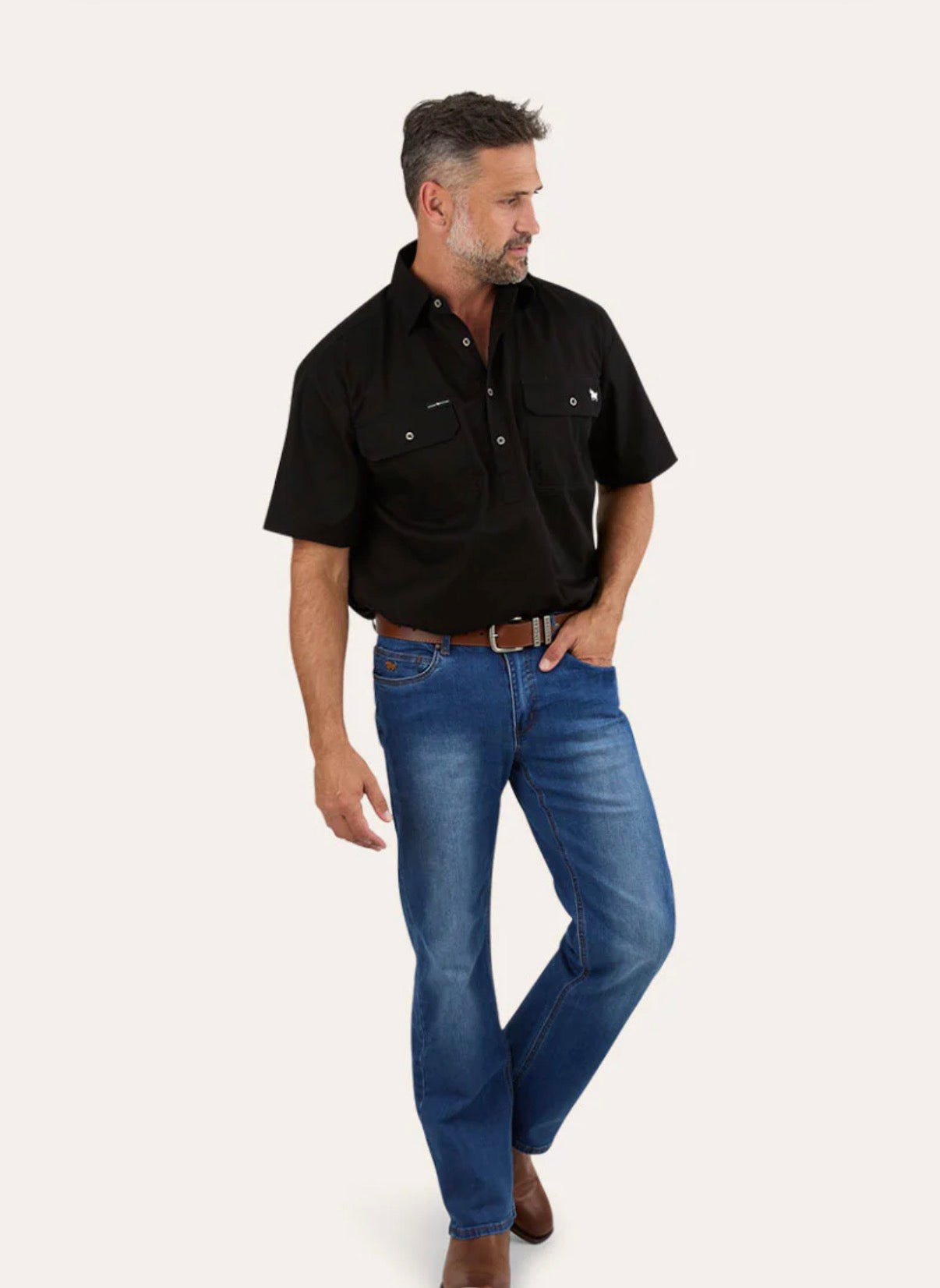Pack Saddle Mens Short Sleeve Half Button Work Shirt - Black
