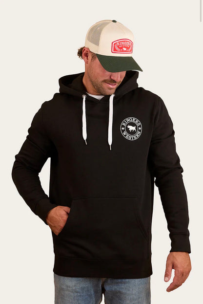 Signature Bull Mens Pullover Hoodie - Black with White Print