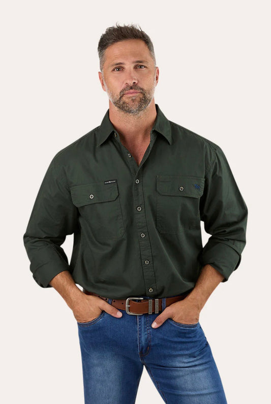 King River Mens Full Button Work Shirt - Cargo Khaki