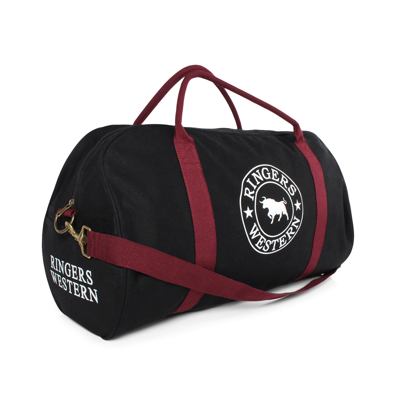 Ringers Western Gundagai Duffle Bag - Black & Maroon with White Print