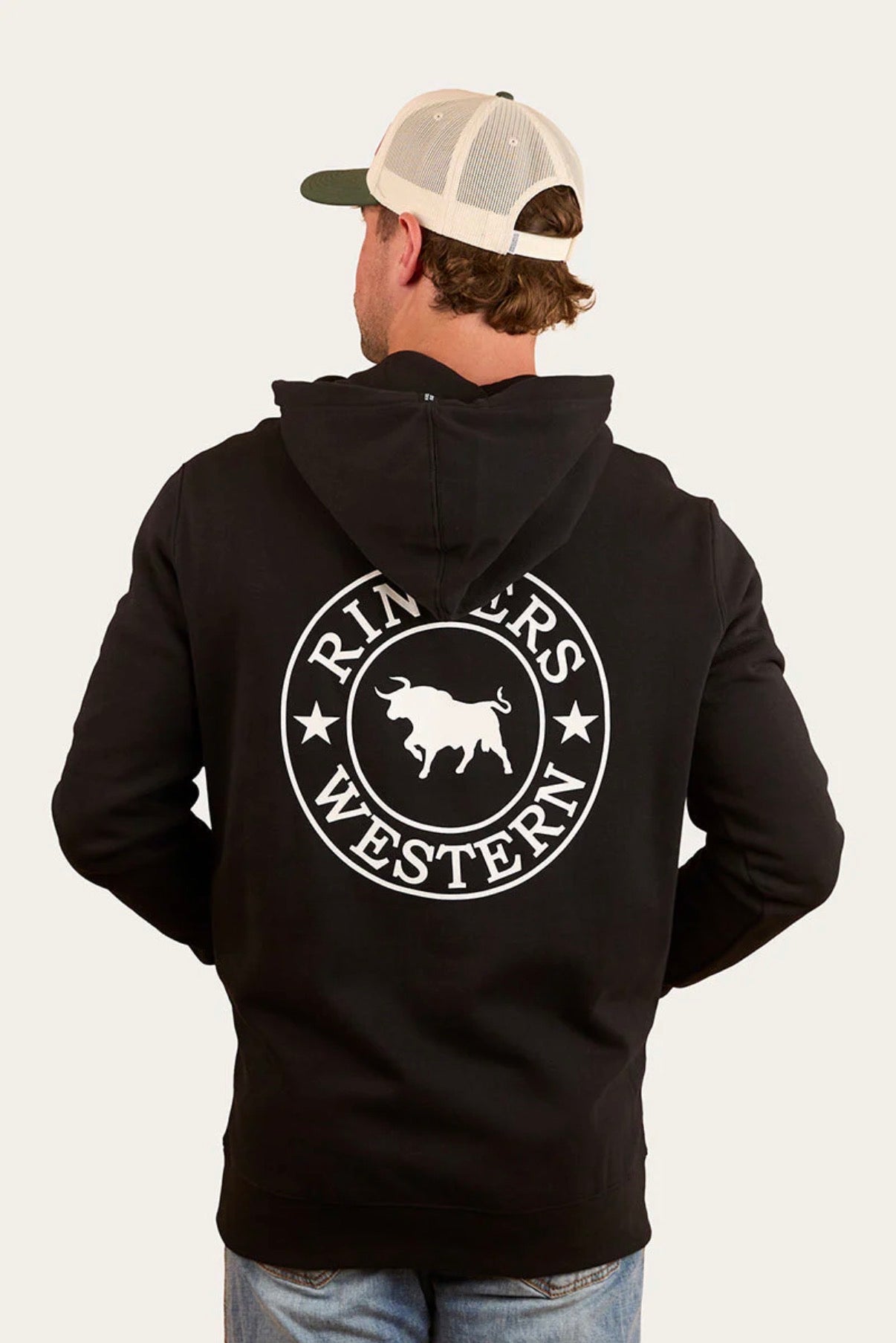 Signature Bull Mens Pullover Hoodie - Black with White Print
