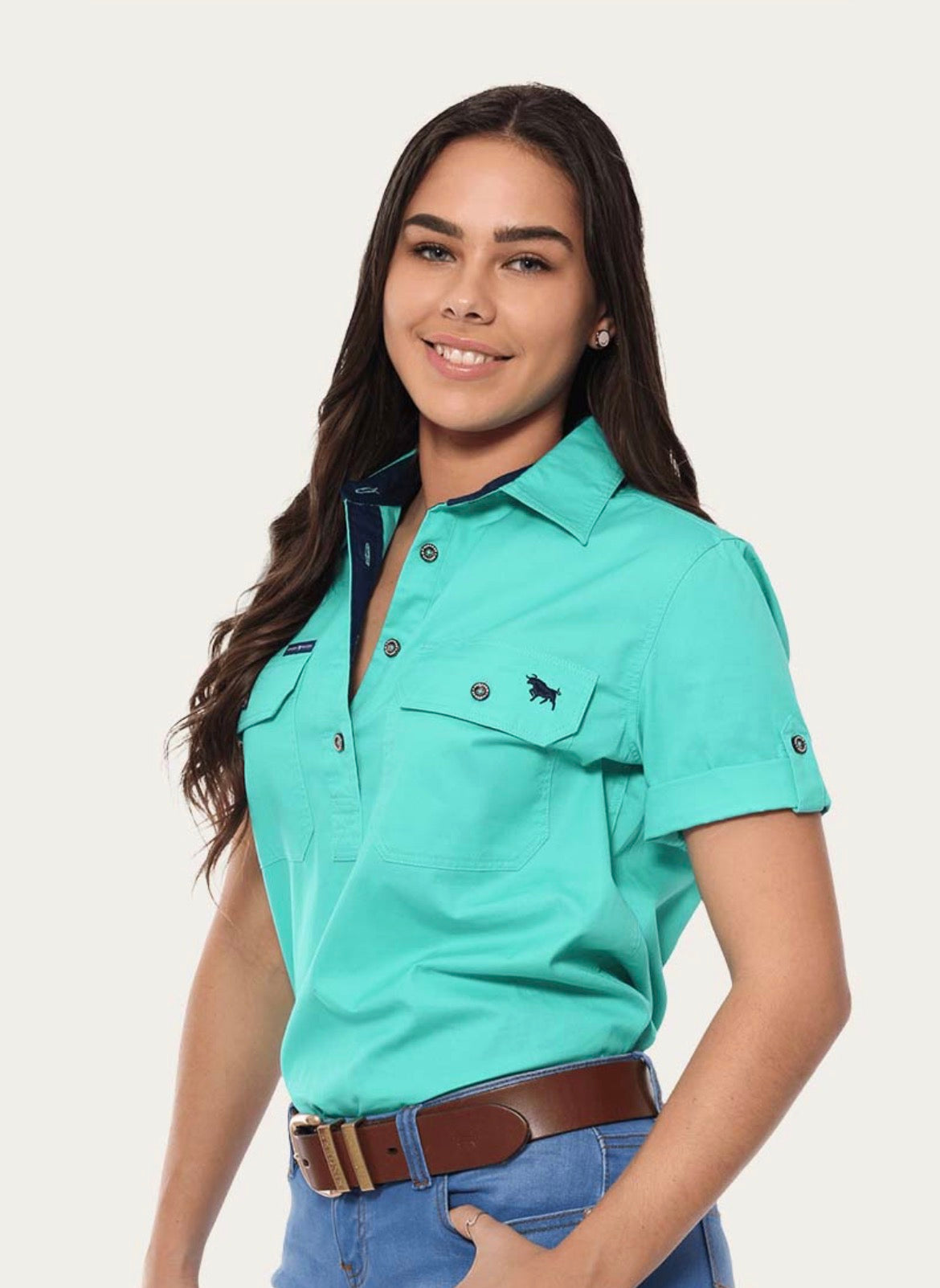 Jules Womens Half Button Short Sleeve Work Shirt - Mint