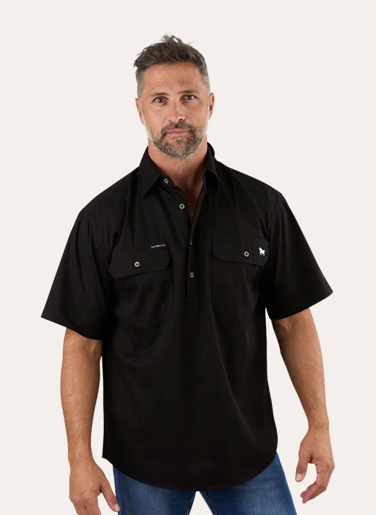 Pack Saddle Mens Short Sleeve Half Button Work Shirt - Black