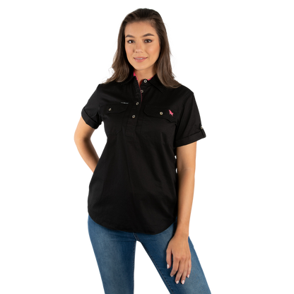 Jules Womens Half Button Short Sleeve Work Shirt - Black/Melon