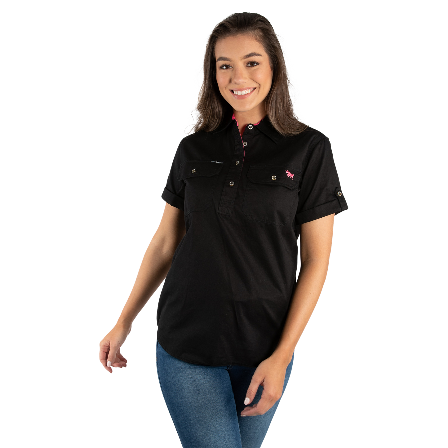 Jules Womens Half Button Short Sleeve Work Shirt - Black/Melon