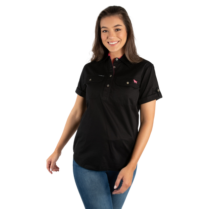 Jules Womens Half Button Short Sleeve Work Shirt - Black/Melon