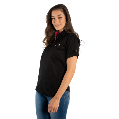 Jules Womens Half Button Short Sleeve Work Shirt - Black/Melon