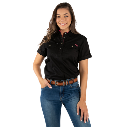 Jules Womens Half Button Short Sleeve Work Shirt - Black/Melon