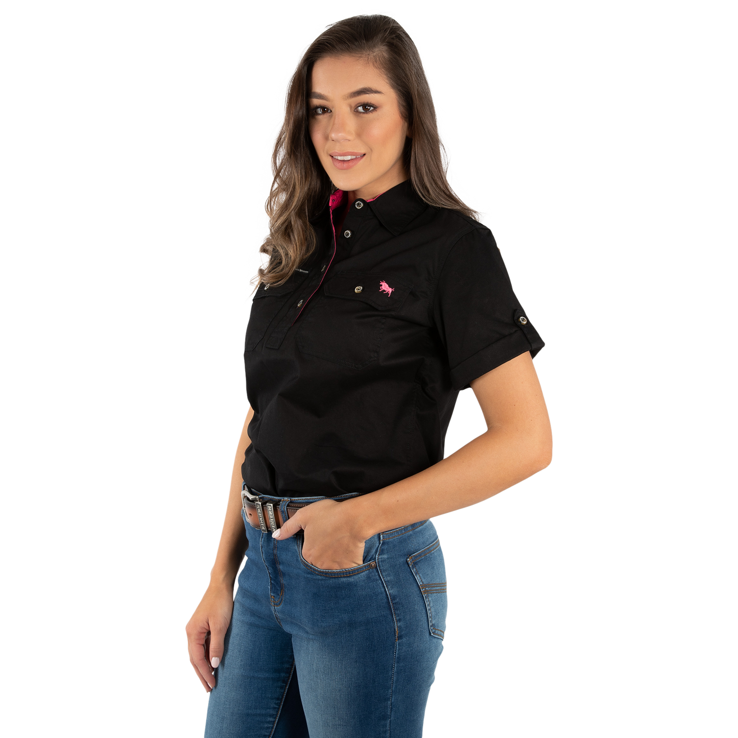 Jules Womens Half Button Short Sleeve Work Shirt - Black/Melon