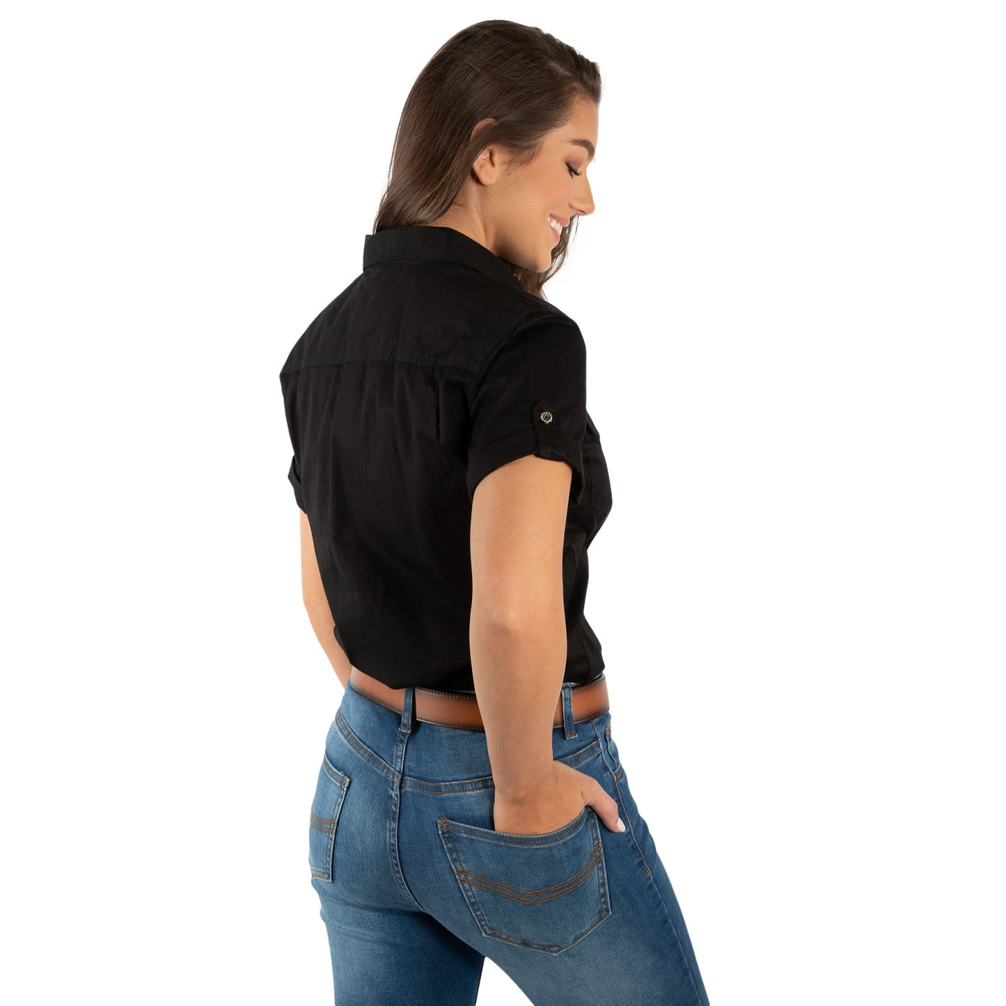 Jules Womens Half Button Short Sleeve Work Shirt - Black/Melon