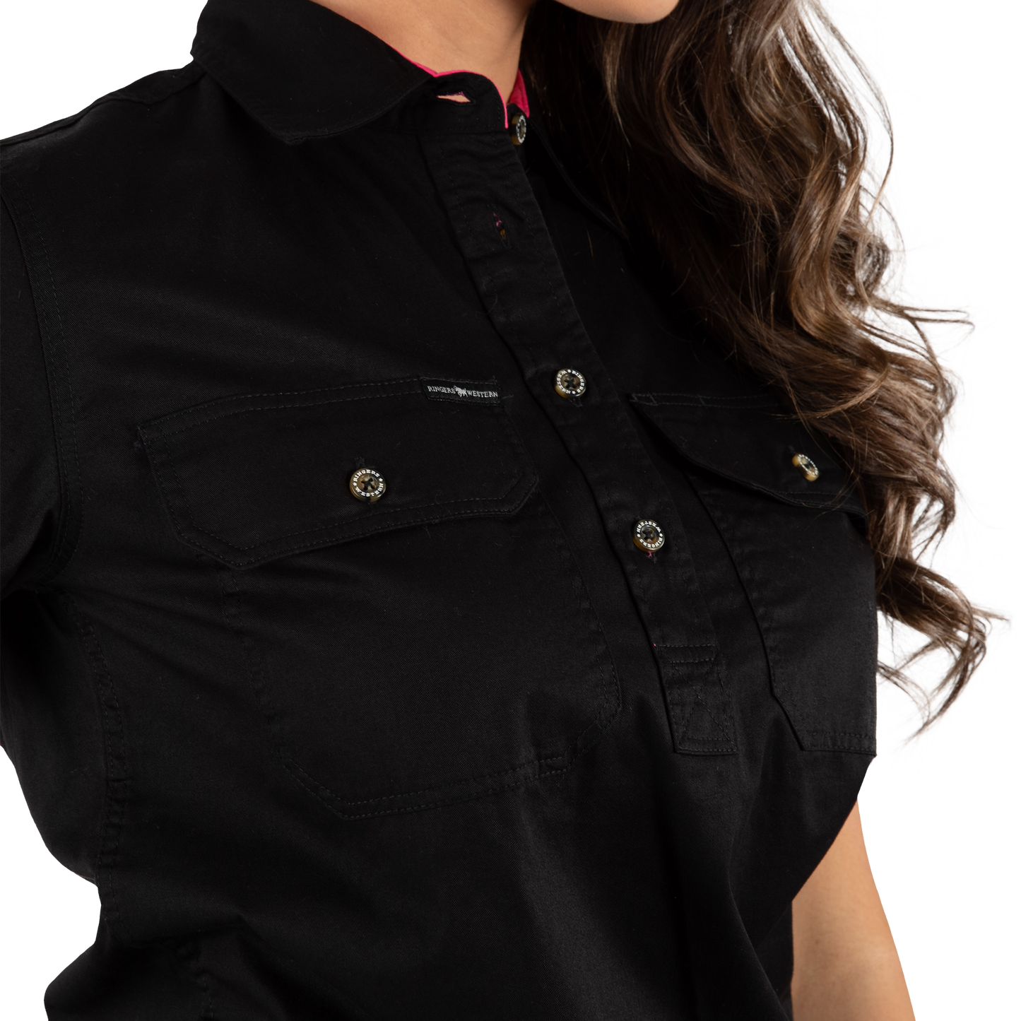 Jules Womens Half Button Short Sleeve Work Shirt - Black/Melon