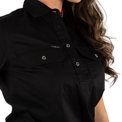 Jules Womens Half Button Short Sleeve Work Shirt - Black/Melon
