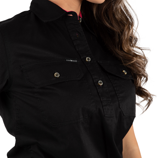 Jules Womens Half Button Short Sleeve Work Shirt - Black/Melon