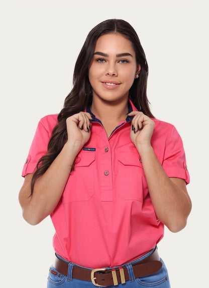 Jules Women's Half Button Short Sleeve Work Shirt - Melon