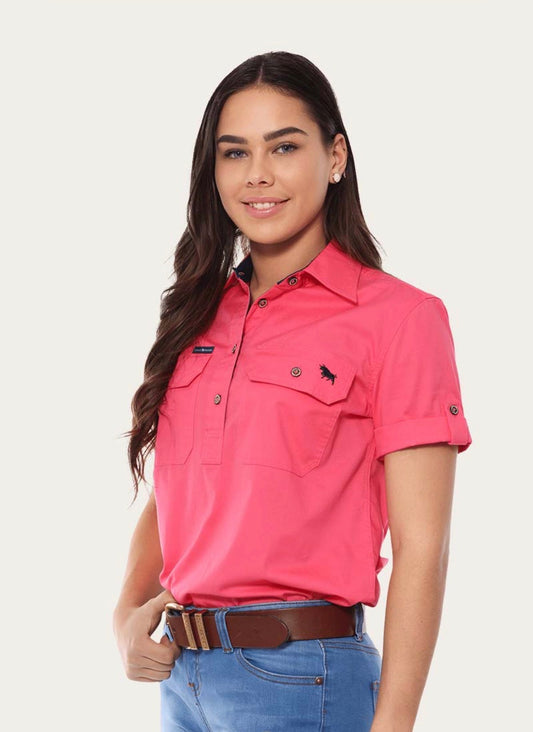 Jules Women's Half Button Short Sleeve Work Shirt - Melon