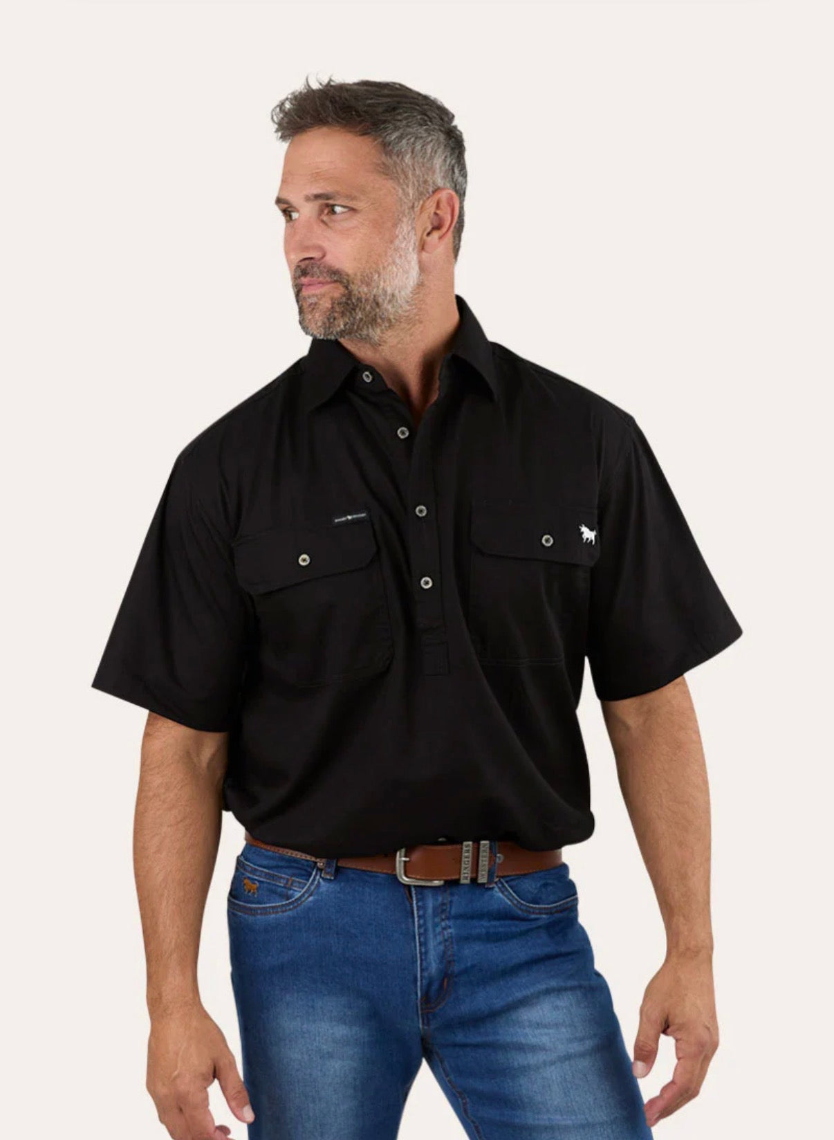 Pack Saddle Mens Short Sleeve Half Button Work Shirt - Black