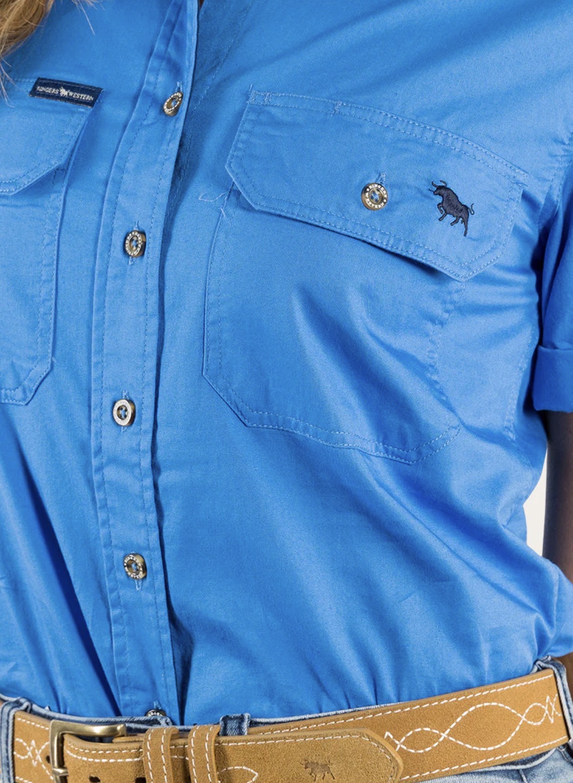 Jules Women's Full Button Short Sleeve Work Shirt - Blue