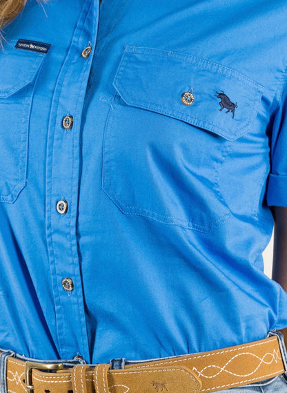 Jules Women's Full Button Short Sleeve Work Shirt - Blue