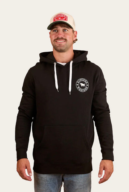 Signature Bull Mens Pullover Hoodie - Black with White Print