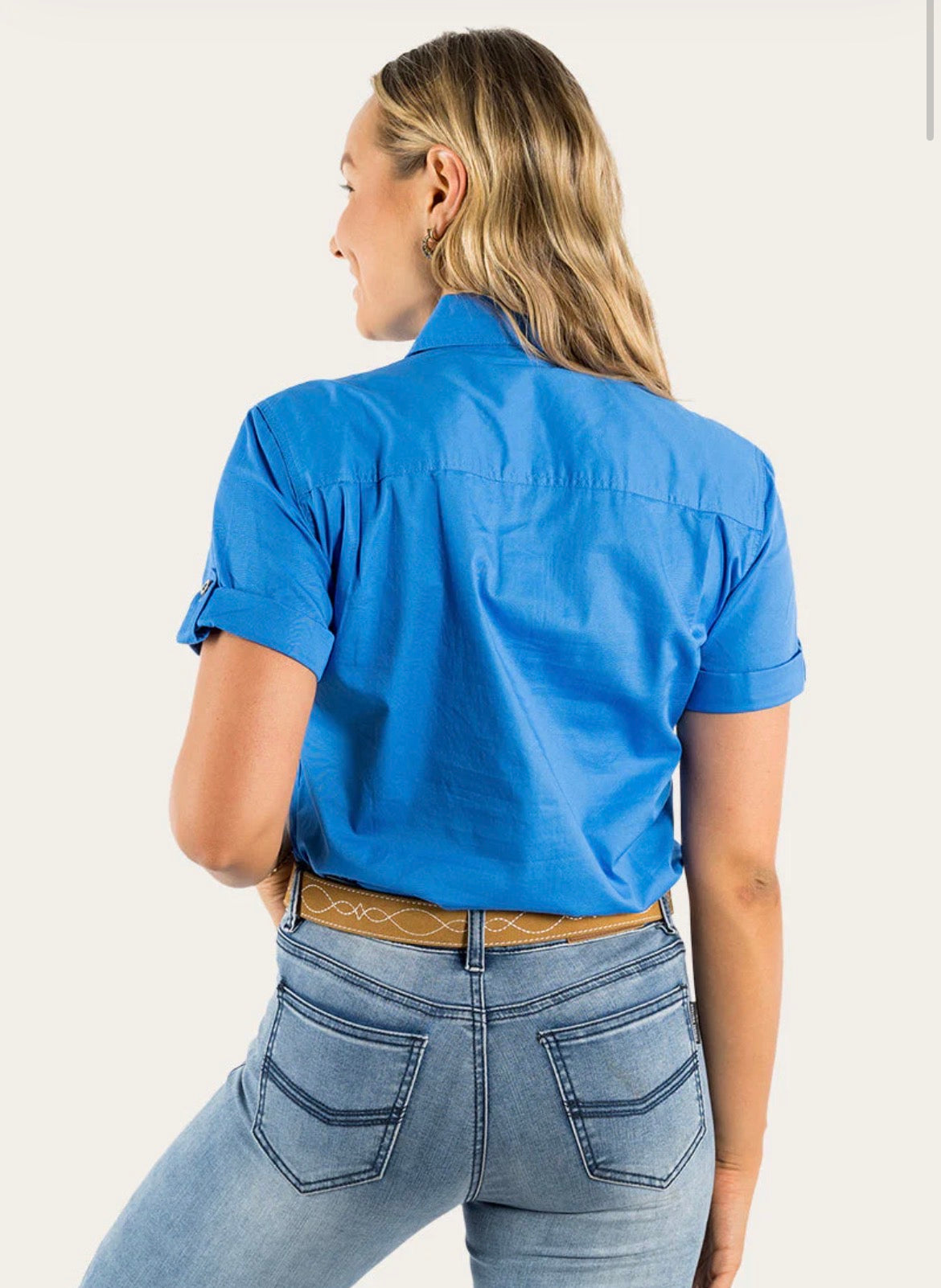 Jules Women's Full Button Short Sleeve Work Shirt - Blue