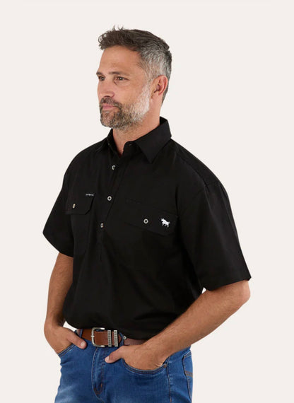 Pack Saddle Mens Short Sleeve Half Button Work Shirt - Black