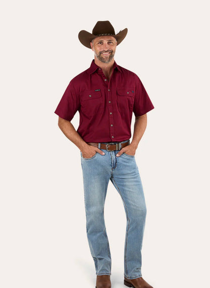 Lake Argyle Mens Short Sleeve Full Button Work Shirt - Burgundy