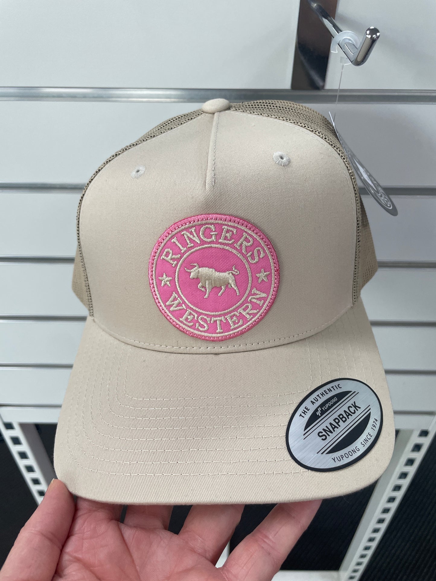 Signature Bull Trucker Cap - Bone with Pink & Bone Patch