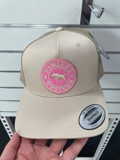 Signature Bull Trucker Cap - Bone with Pink & Bone Patch