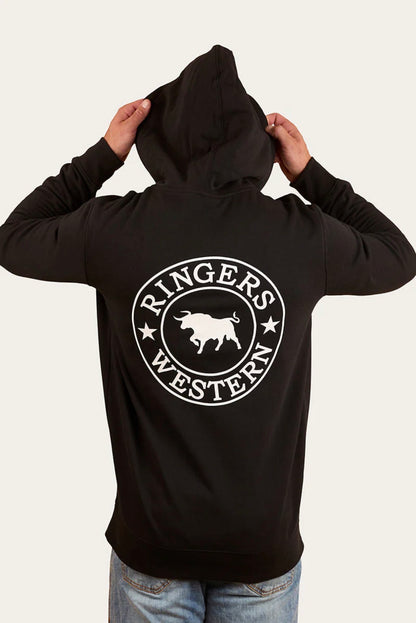 Signature Bull Mens Pullover Hoodie - Black with White Print
