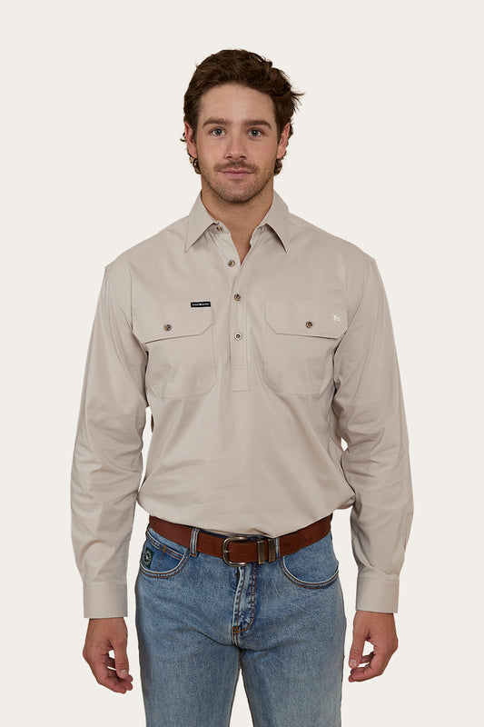 King River Mens Half Button Work Shirt - Beige
