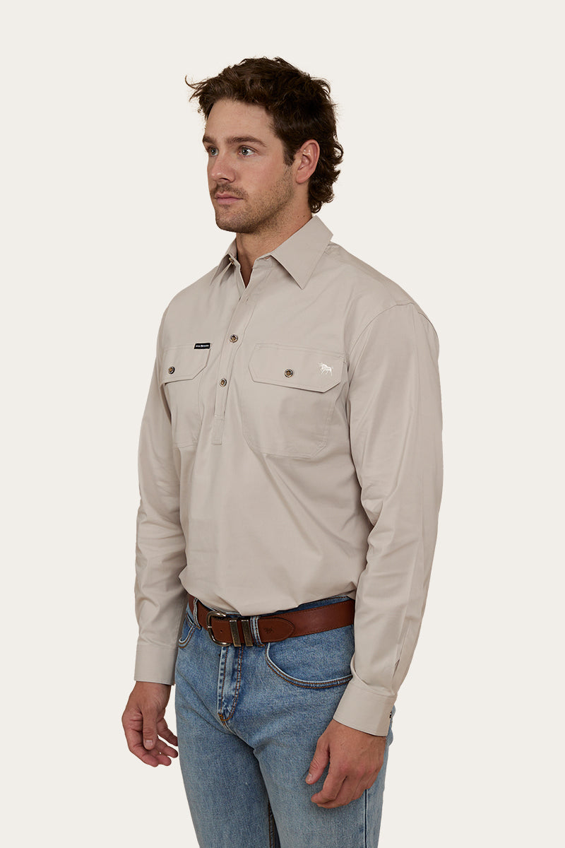 King River Mens Half Button Work Shirt - Beige