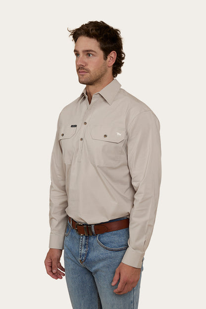 King River Mens Half Button Work Shirt - Beige
