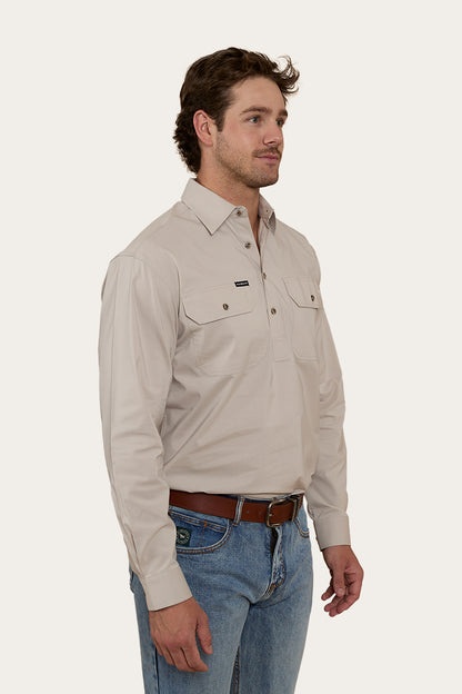 King River Mens Half Button Work Shirt - Beige