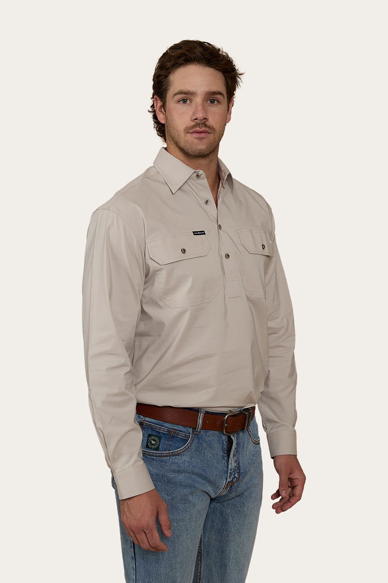 King River Mens Half Button Work Shirt - Beige