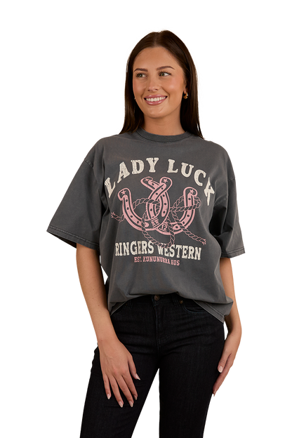 Lady Luck Womens Oversized T-Shirt - Washed Black