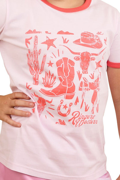 Boot Scootin Kids Ringer T-Shirt - Barely Pink