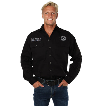 Hawkeye Mens Full Button Work Shirt - Black/White