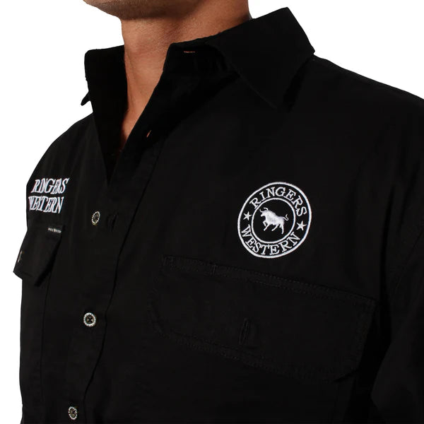Hawkeye Mens Full Button Work Shirt - Black/White