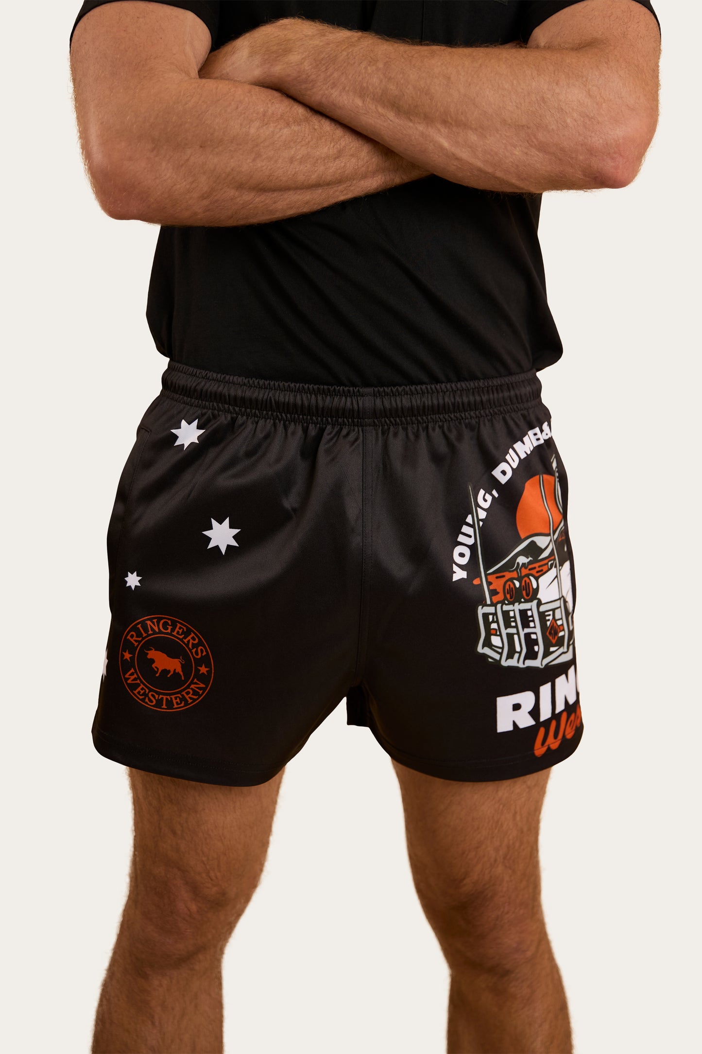 Young & Dumb Footy Shorts - Black/Orange
