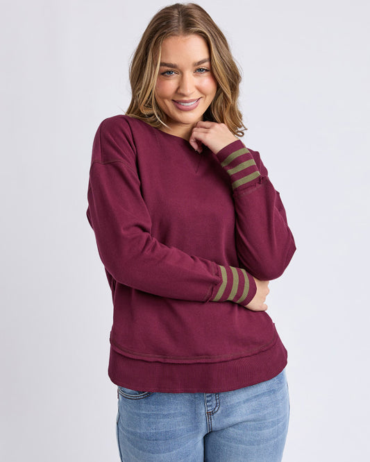 Foxwood Alex Stripe Cuff Crew - Wine