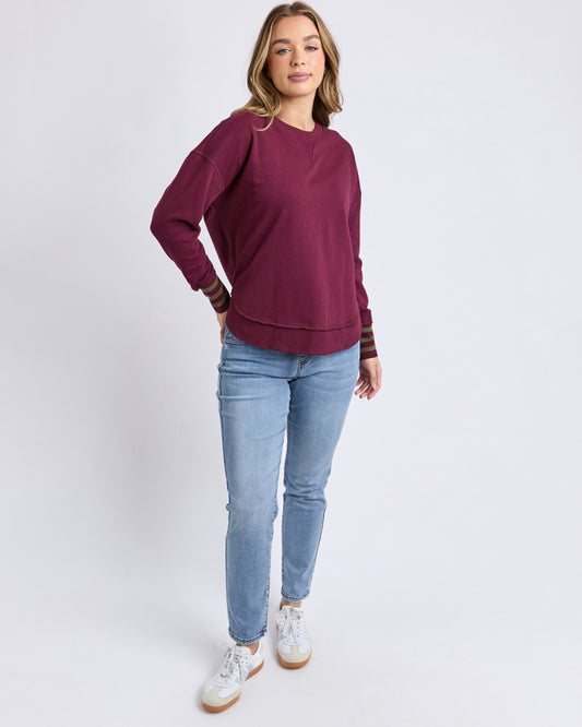 Foxwood Alex Stripe Cuff Crew - Wine