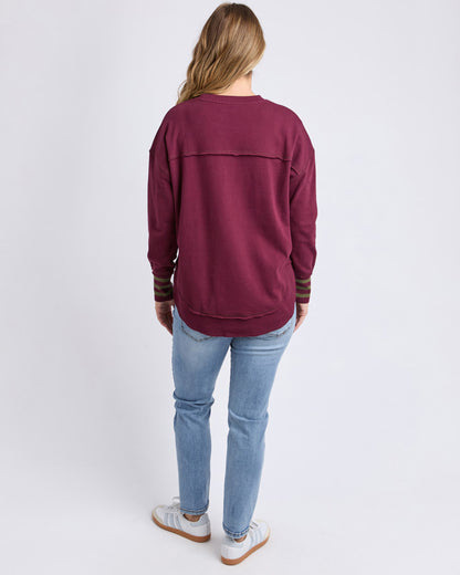 Foxwood Alex Stripe Cuff Crew - Wine