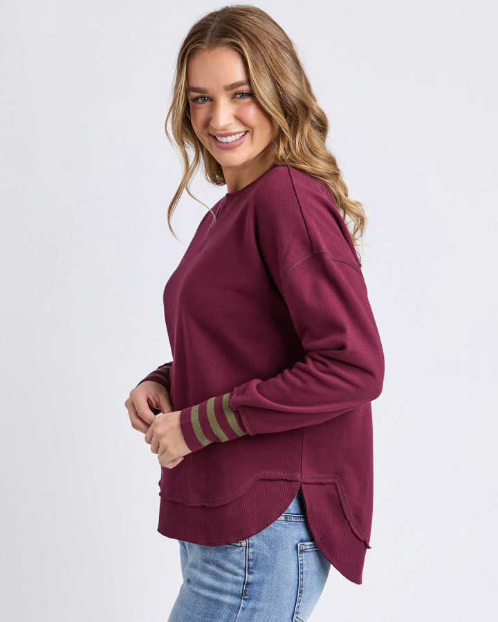 Foxwood Alex Stripe Cuff Crew - Wine
