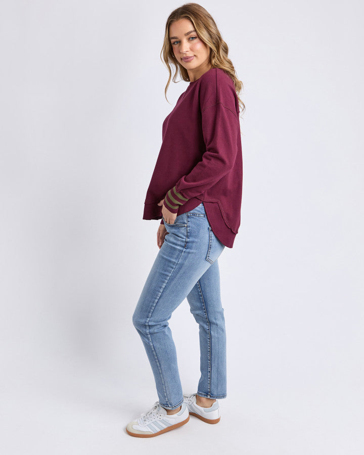 Foxwood Alex Stripe Cuff Crew - Wine