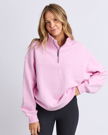 College Contrast Zip Crew - Pale Pink