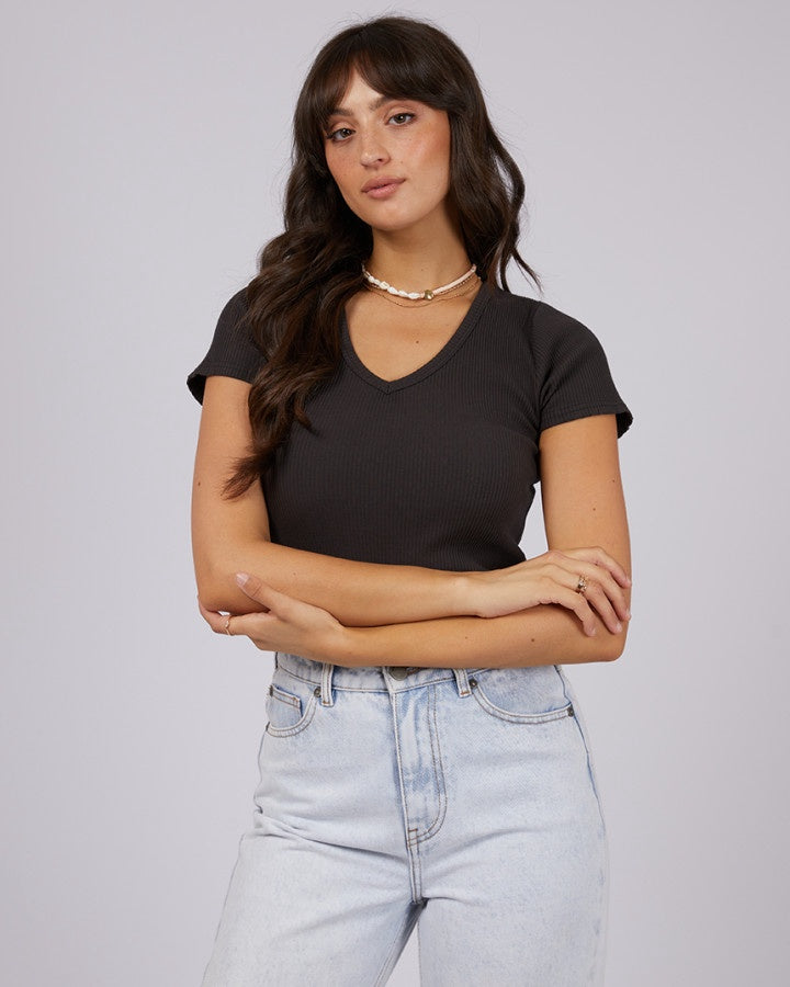 Rib V Neck Tee - Washed Black