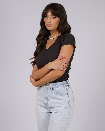 Rib V Neck Tee - Washed Black